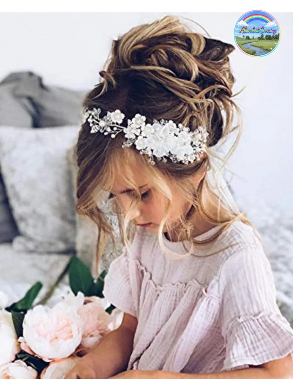 Ivory Tulle Flower Pearl Headband for Girls Wedding Birthday Party